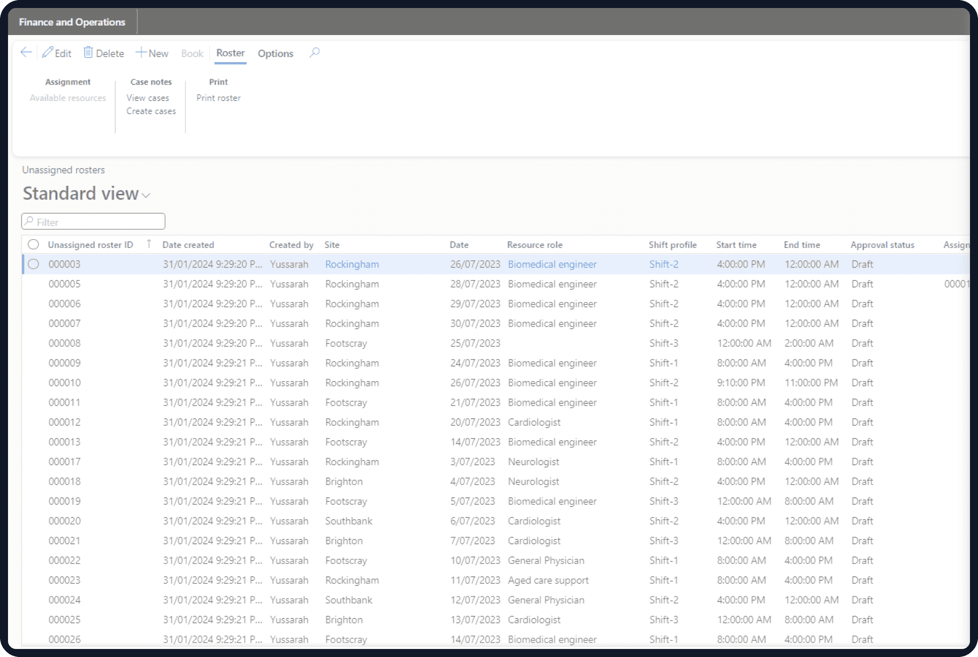Dynamics 365 Rostering overview dashboard