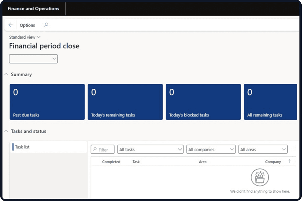Dynamics 365 Finance financial period close dashboard