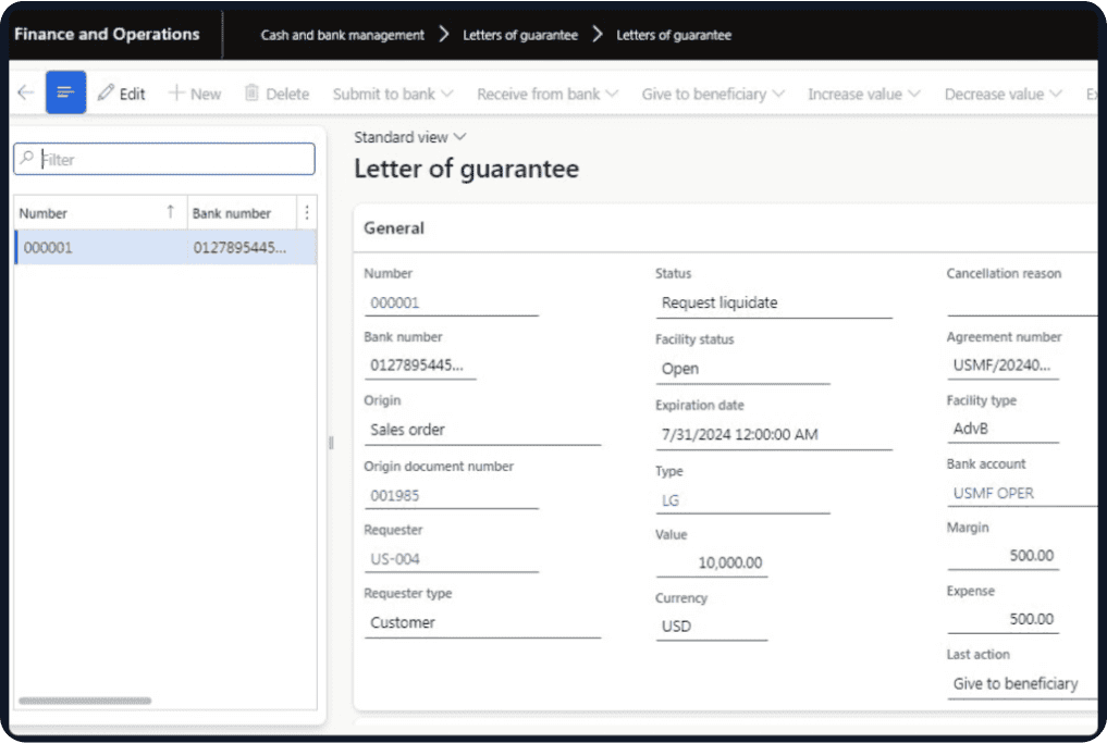 Dynamics 365 Finance letters of guarantee workspace