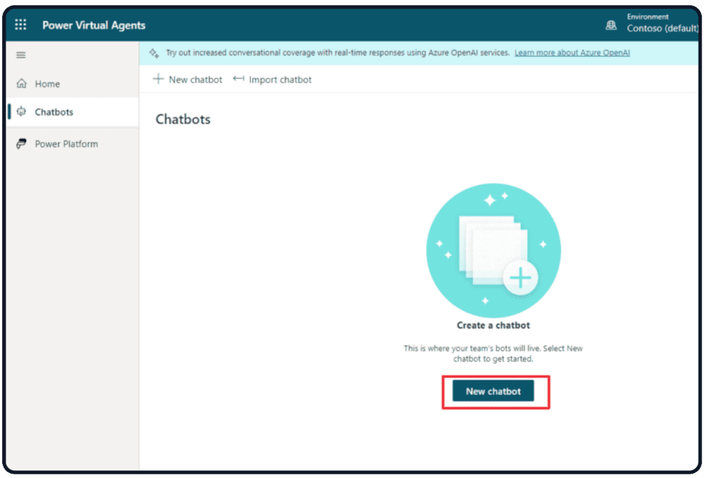 Power Virtual Agents chatbot creation dashboard