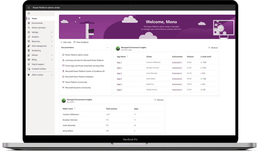 Microsoft Power Apps dashboard on laptop