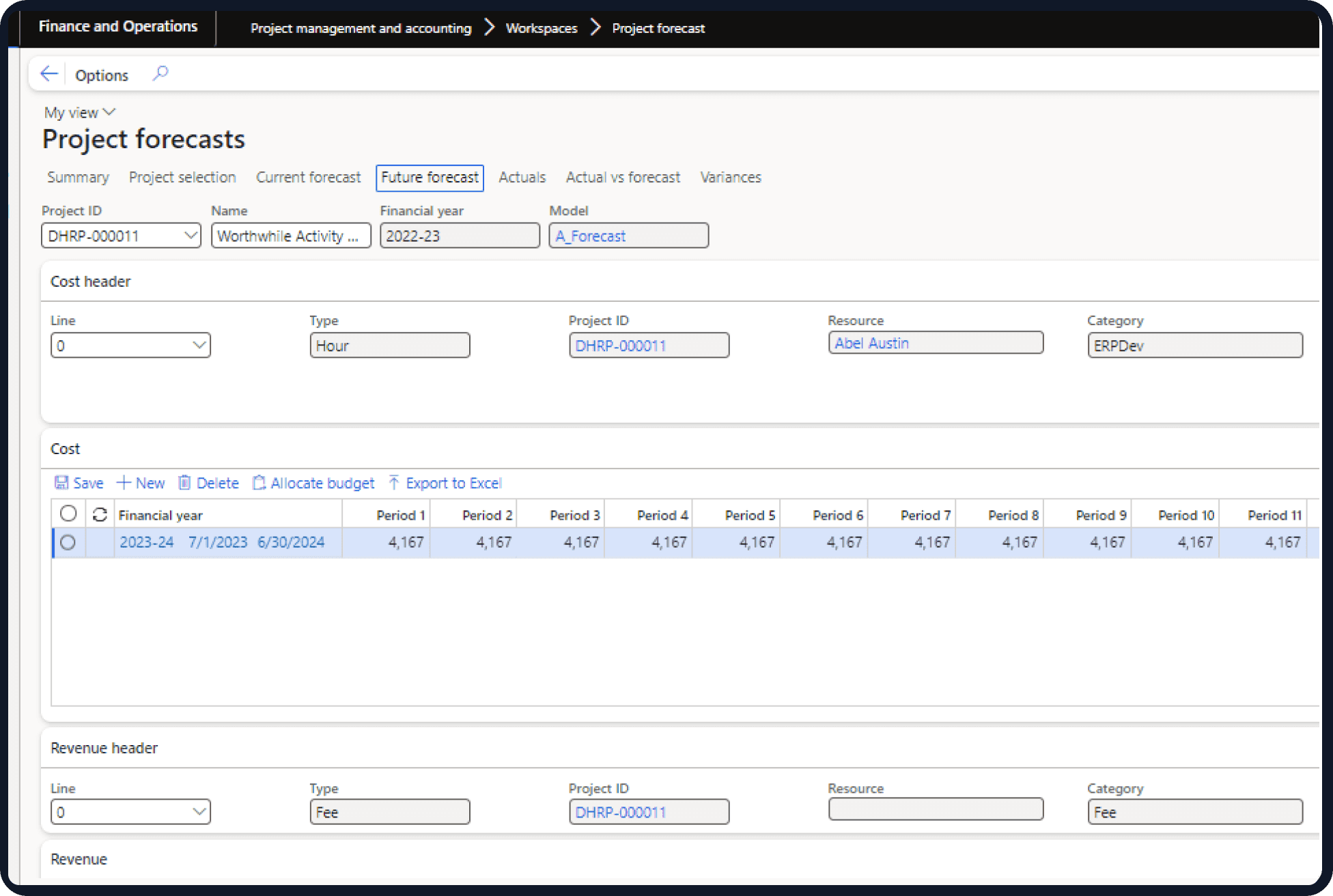 Project Forecasting in Dynamics 365 Finance and Operations analytics workspace