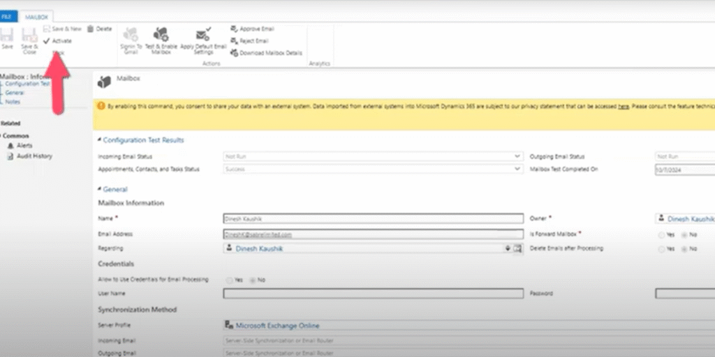 Then, select Activate Mailbox and go with Test & Enable Mailbox.