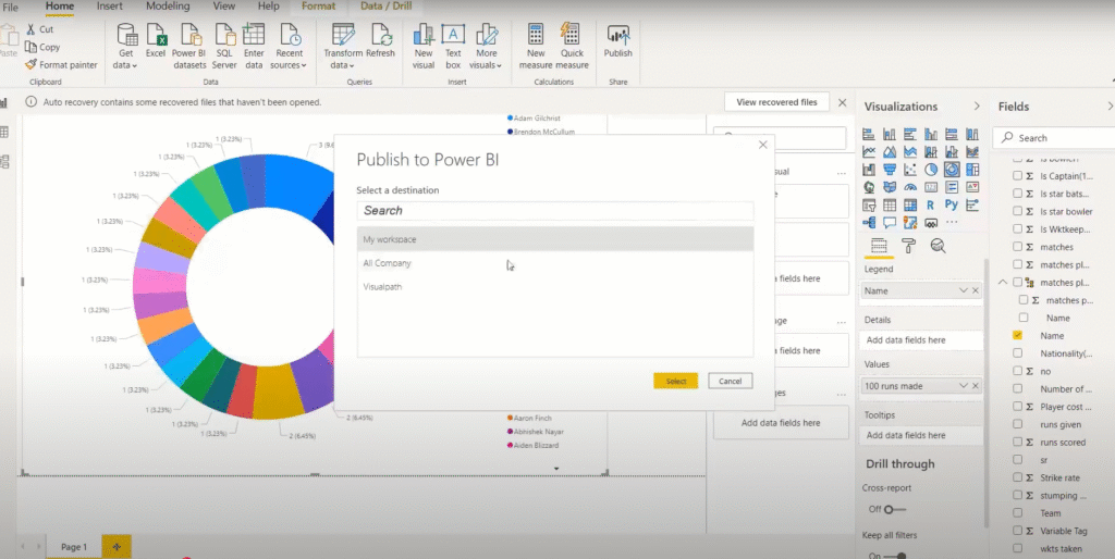 In Power BI, select the workspace where the dashboard or report will be stored.