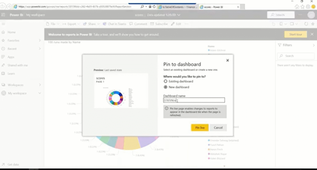 Visuals from the report can be optionally pinned to an existing or new dashboard, providing a "live tile" that can be embedded.